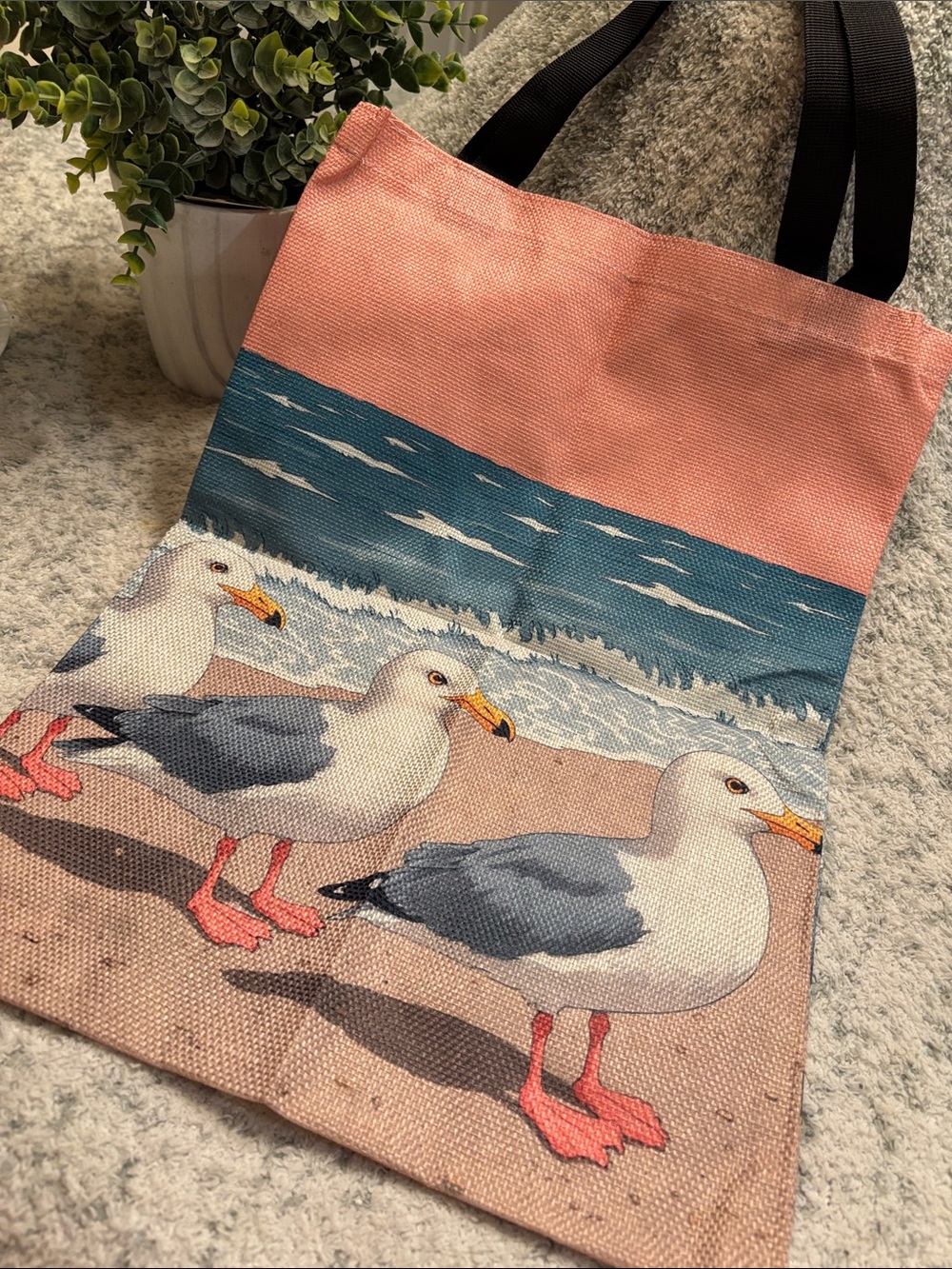 Seagull Beach Polycanvas Tote Bag Coral & Teal NWT 13” x 17.50”